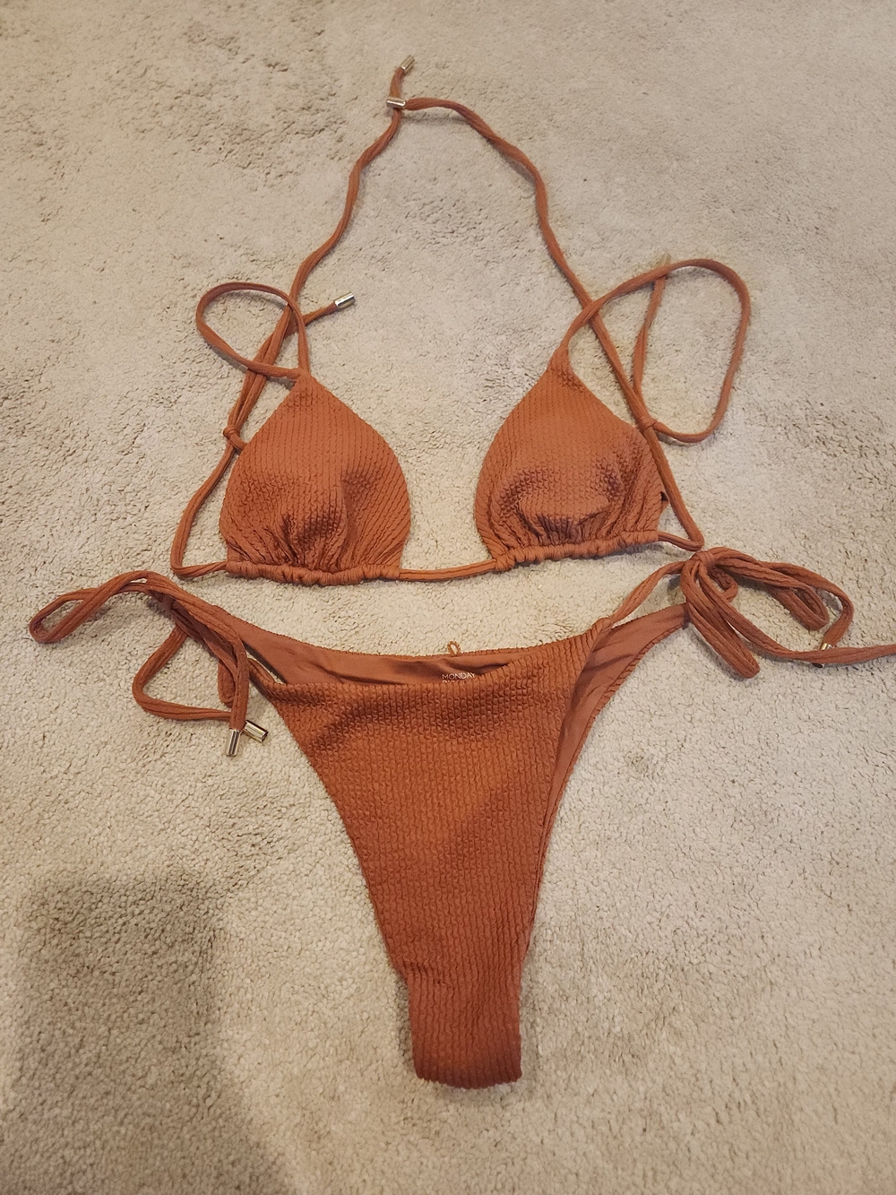 Rust Textured Tie-Side Bikini Set